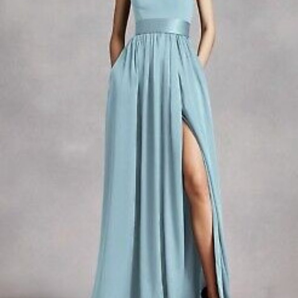 VERA WANG V Neck Halter Gown Blue Bridesmaid Gown VW360214